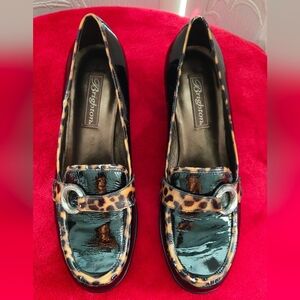 Brighton ACTOR Black Patent Leather w/Leopard Print Trim Loafers - Size 8.5